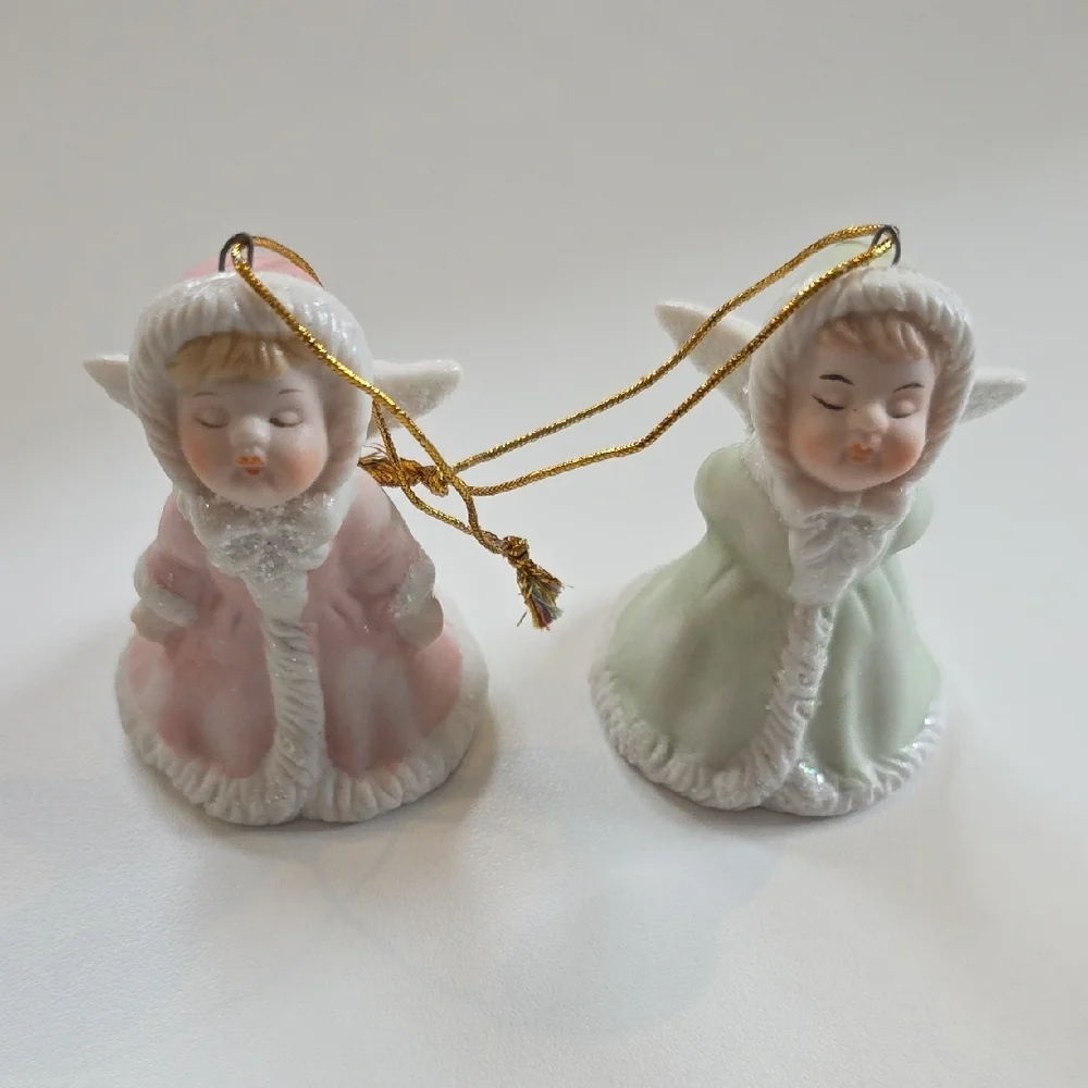 Angel Bell Ornaments - Kissing Angel Bell Ornament Figure Set With Glitter Trim